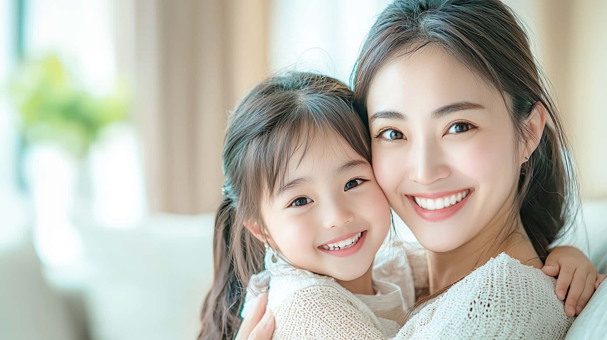 プレオルソで綺麗な歯並びになった子どもを抱く女性