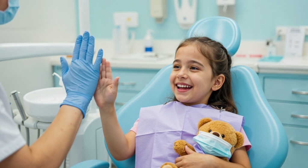 MFTのトレーニングを終えて歯科医師とハイタッチをする女の子