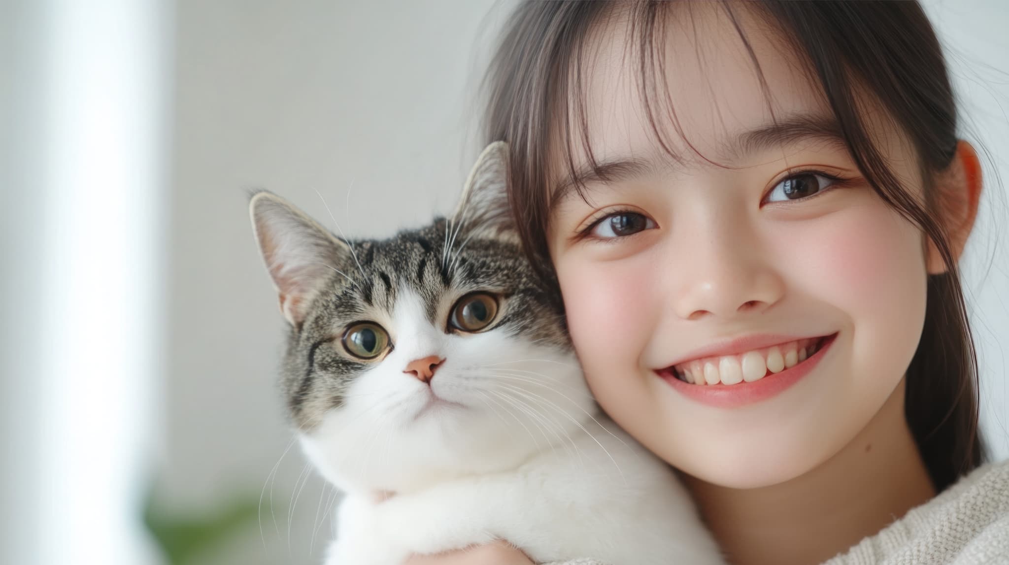 猫を抱いた笑顔の女の子