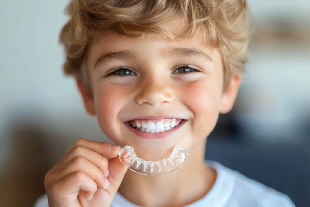 小児矯正のマウスピースを装着する子ども
