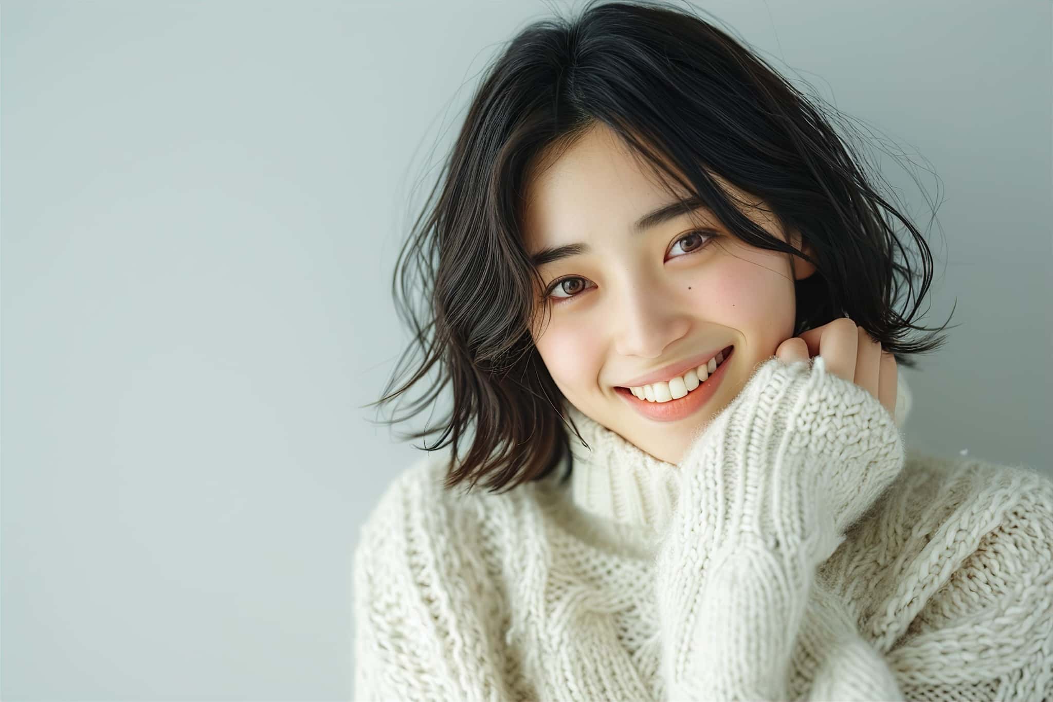 ホームホワイトニングで白くなった歯に満足して微笑む女性