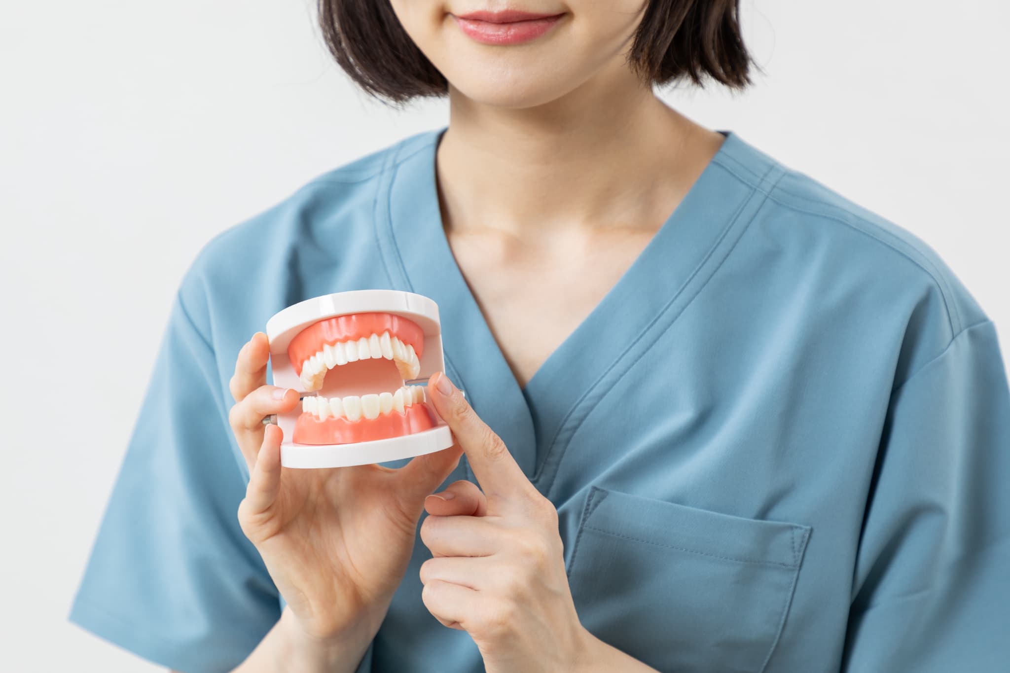 後戻りについて模型で説明する歯科医師